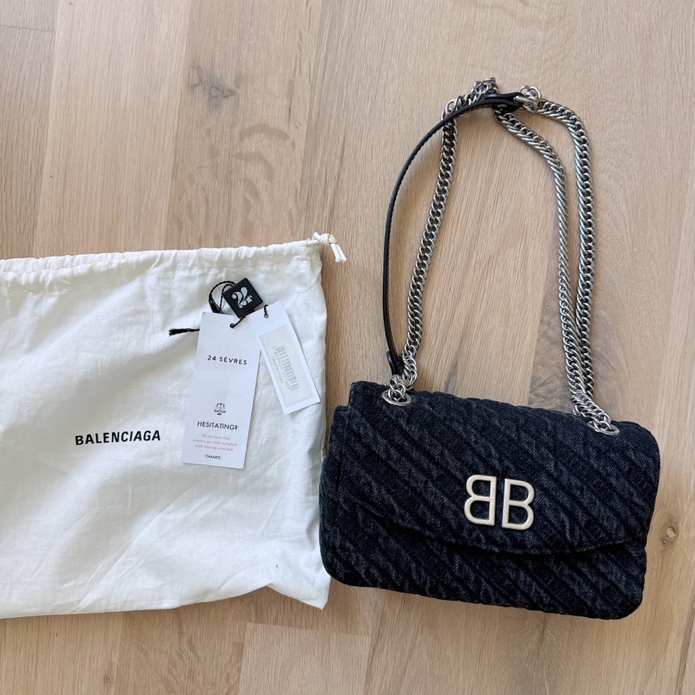 Balenciaga Destroyed Denim BB Chain Shoulder Bag